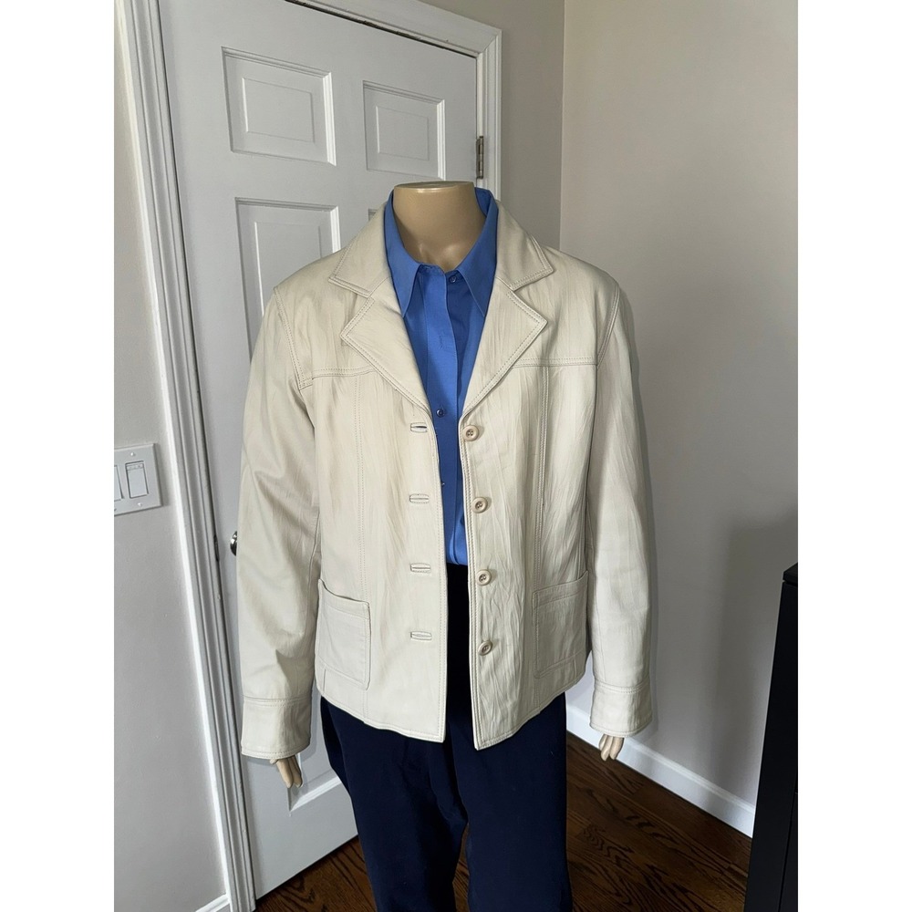 Brandon Thomas Cream Leather Blazer Jacket Women Ivory Button Front Coat‎